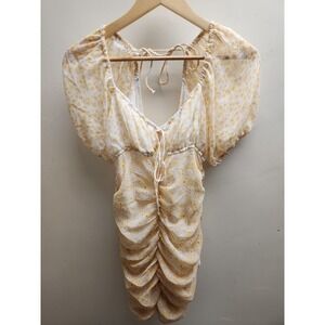 Free People Yellow Floral Ruched Puff Sleeve Square Neck Tie Front Mini Dress XS